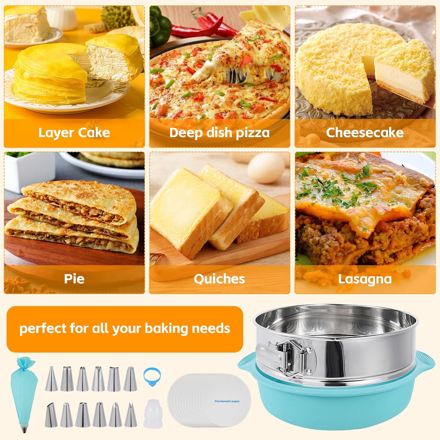 Aufind Springform Cake Pan 9 Inch, 304 Stainless Steel Baking Pan with Removable Bottom, Leakproof Nonstick Design Includes 12 Piping Tips, Silicone Mold and 50 Parchment Papers (9" Cake pan)