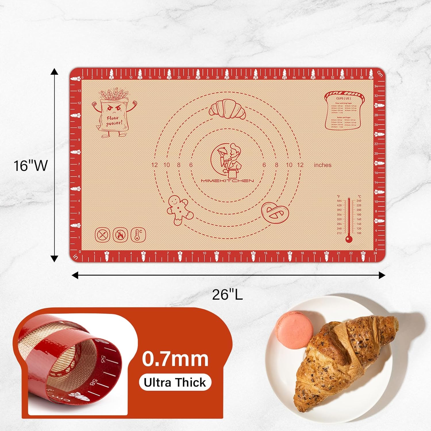 Non-Slip Silicone Baking Mat - 26x16 inch Extra Thick Pastry Mat with Measurements for Sourdough, Macarons, Bread, Pizza, Dough Rolling, Kneading, Heat Resistant to 480°F Gift for Baker