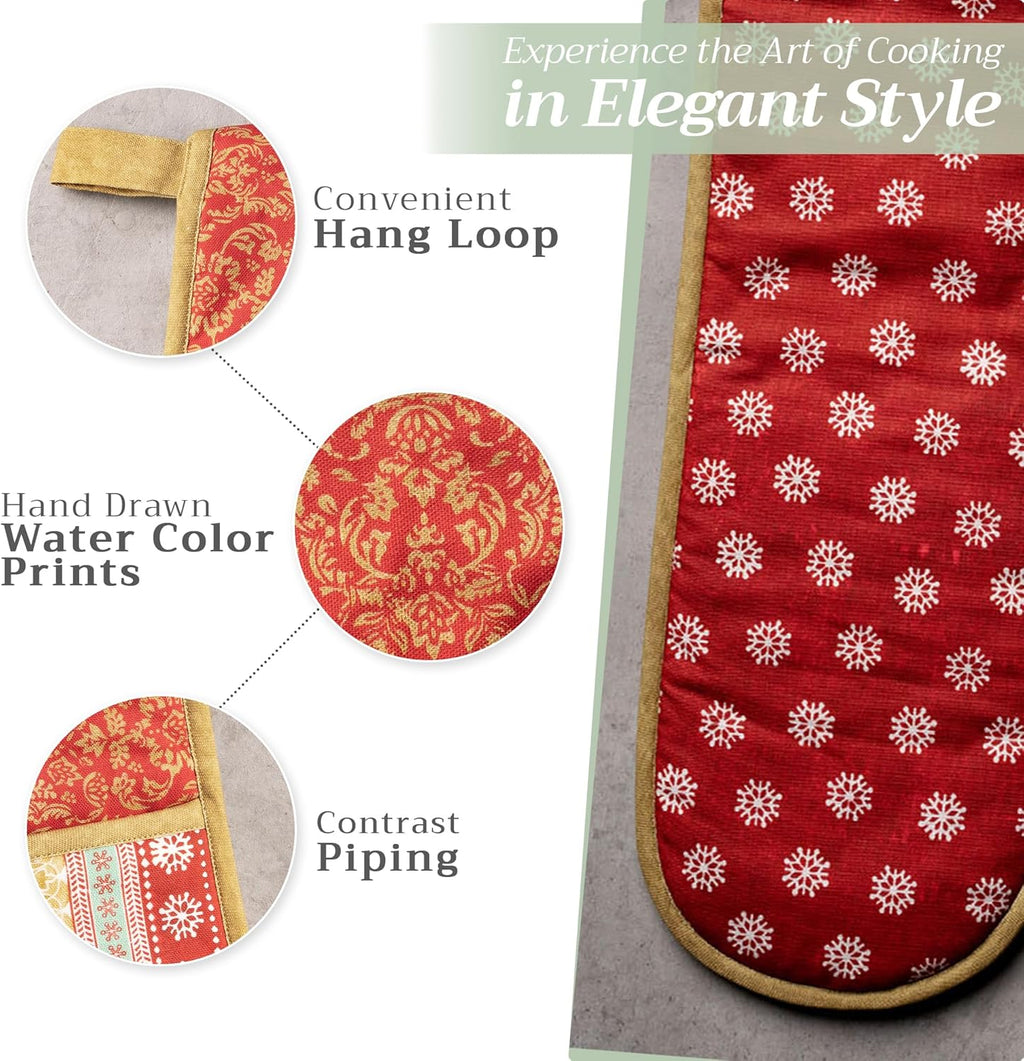 Maison d' Hermine Double Oven Mitts 100% Cotton 7"x35" Double Oven Mitt Heat Resistant BBQ Cooking Gloves with Loop, Baking, Grilling, Home, Kitchen, Handling Hot Pans (Sofia)