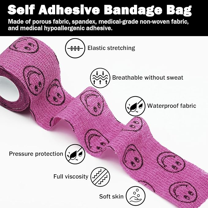 First Aid Bandages Cohesive Wrap Adhesive Self Adherent Tape Colorful (Pink Smile, 2-Inch)