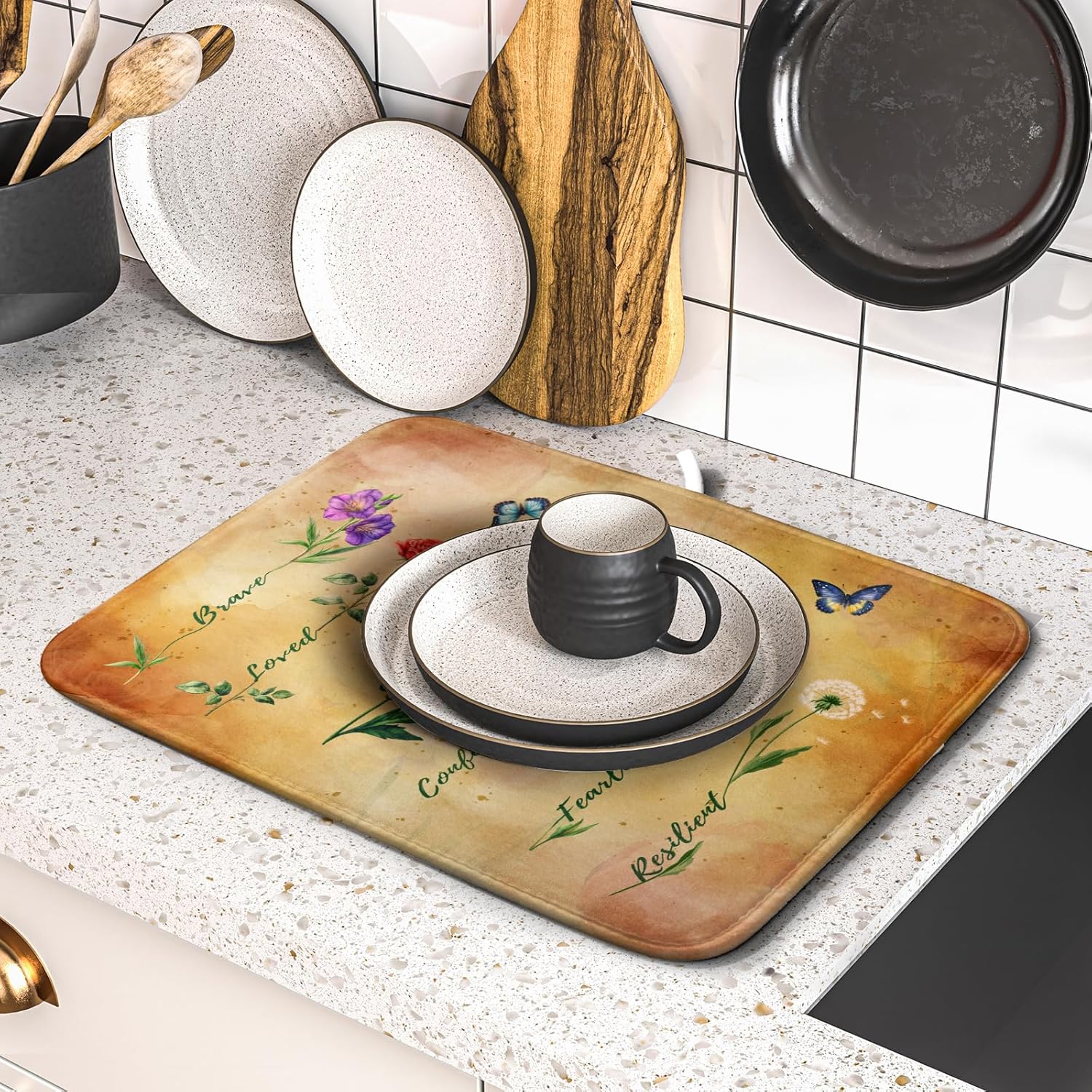 Inspirational Words Dish Drying Mat - Vintage Floral Kitchen Dish Dry Mat for Women 16 X 18 Inch