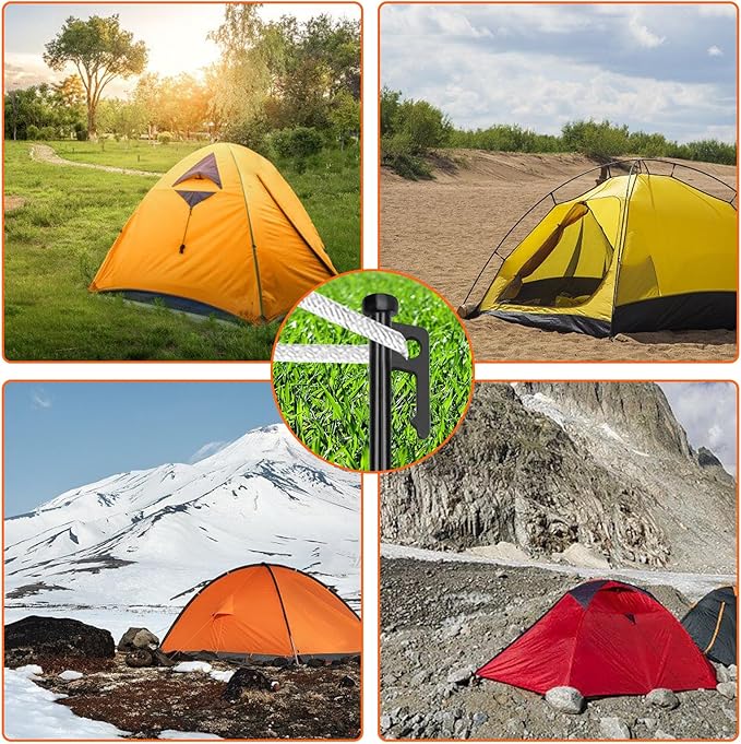 Eurmax USA 10 inch Multiuse Heavy Duty Steel Tent Stakes Tarp Pegs Camping Stakes for Outdoor Camping Canopy and tarp with 4 Ropes 10FT Length