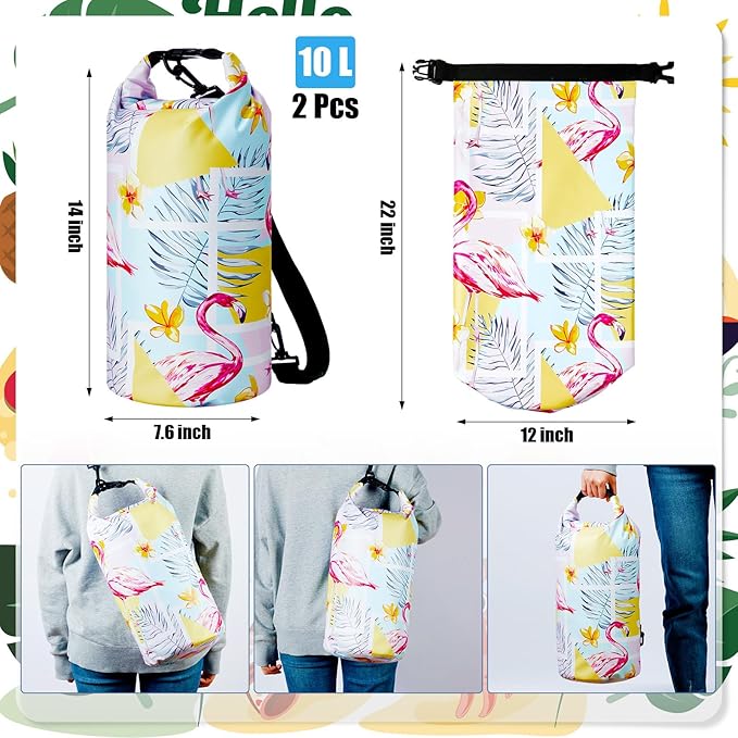 2 Pcs Waterproof Floating Dry Bag 10l Floating Dry Sack for Man Women Roll Top Waterproof Backpack for Rafting Boating Swimming Kayaking Hiking(Palm and Flamingos)