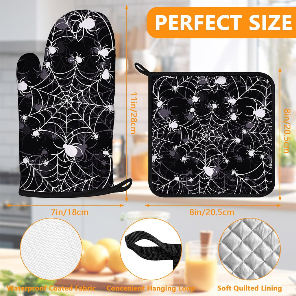 Spider Web Oven Mitts and Pot Holders Sets 4Pcs,Extra Long Oven Gloves Potholder for Kitchen Cooking Baking BBQ 100% Cotton Heat Resistant
