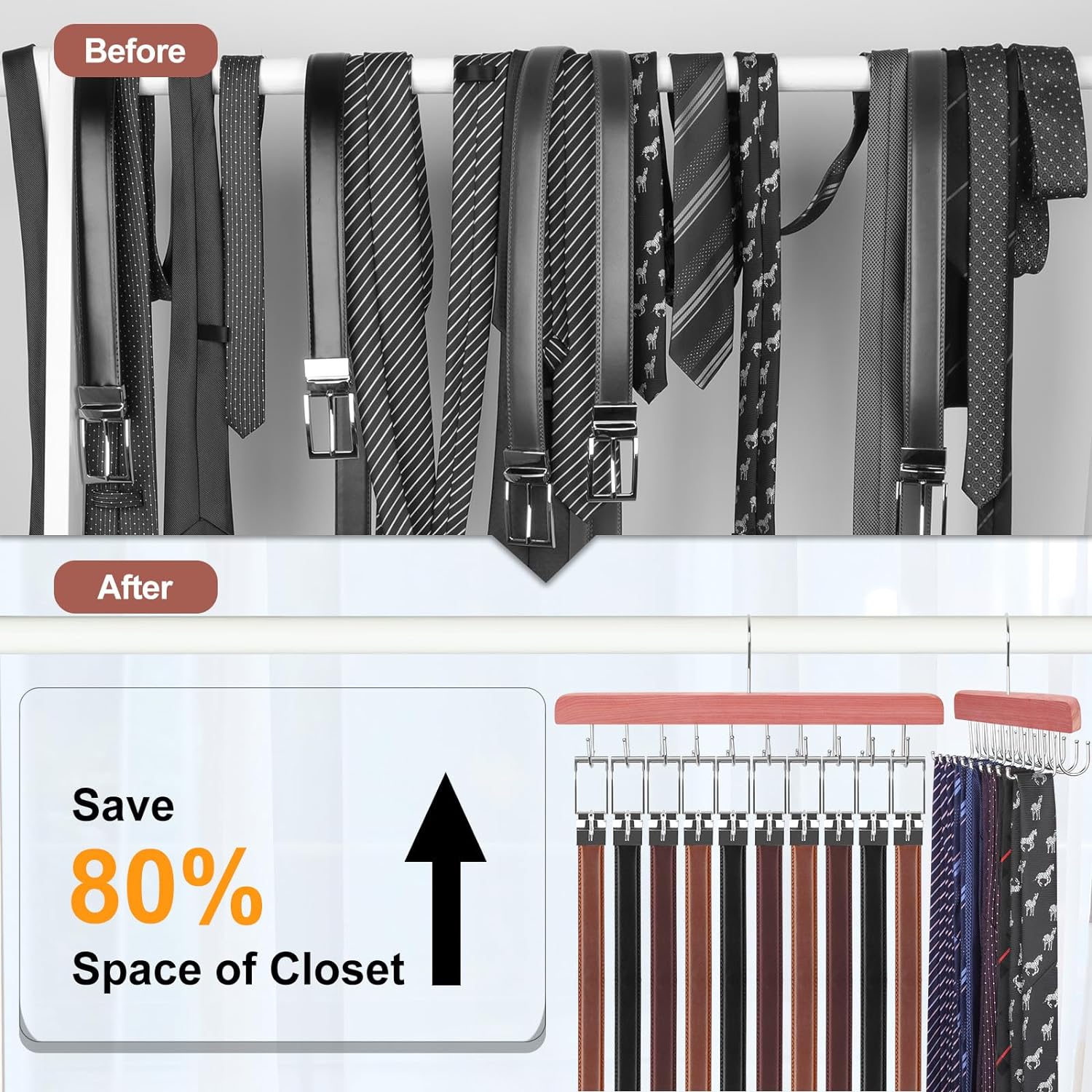 TOPIA HANGER Cedar 2 Pack 2 in 1 Belt Tie Hanger for Closet Max 60 Belts with 60 Ties Capacity, 20 Hooks Belt Tie Racks Hanger for Closet Organizer Storage Curved Fit Belt and Flat Fit Tie - CT60C