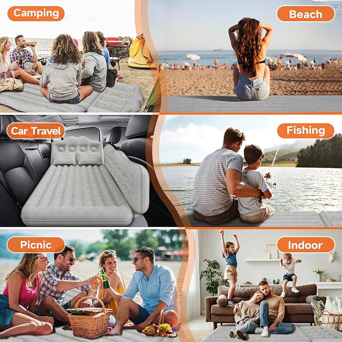 Car Air Mattress Back Seat: Inflatable Car Mattress for Back SUV, Car Beds Thickened Camping Air Mattress with Air Pump, Portable Car Travel Sleeping Mattres for Truck, SUV, Sedan(Grey)