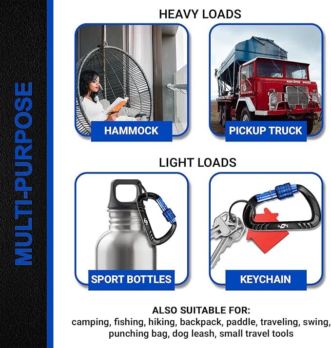 12kN (2697 lbs) Heavy Duty, Locking, Auto Locking, Wiregate Carabiner Clips, for Securing Pets, Outdoor, Camping, Hiking, Hammock, Dog Leash Harness, Keychains