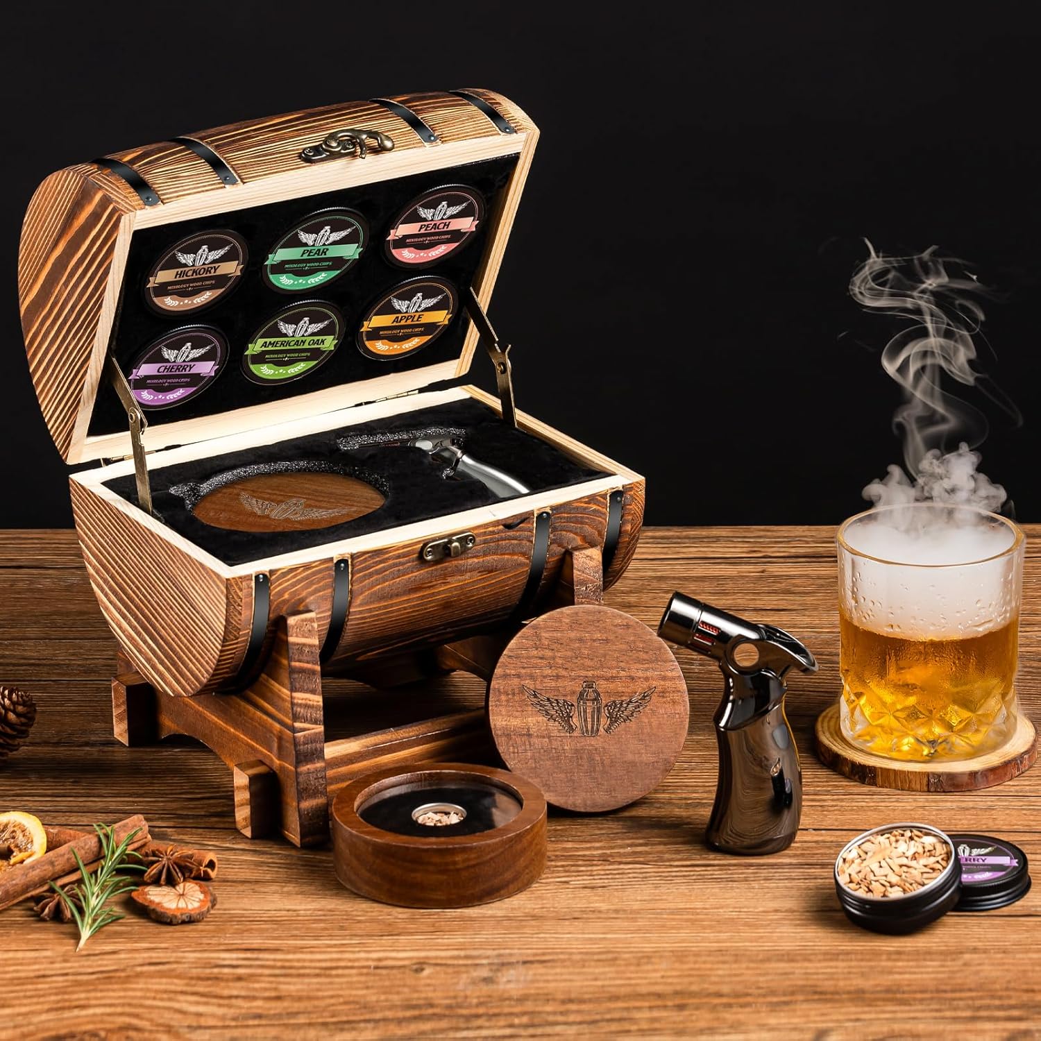 Whiskey Smoker Kit with Charred Wood Barrel (Patent Pending) – Cocktail Smoker with Torch & 6 Premium Wood Chips for Old Fashioned & Whiskey – Perfect Home Bar Gift for Men, Dad, Husband (No Butane)