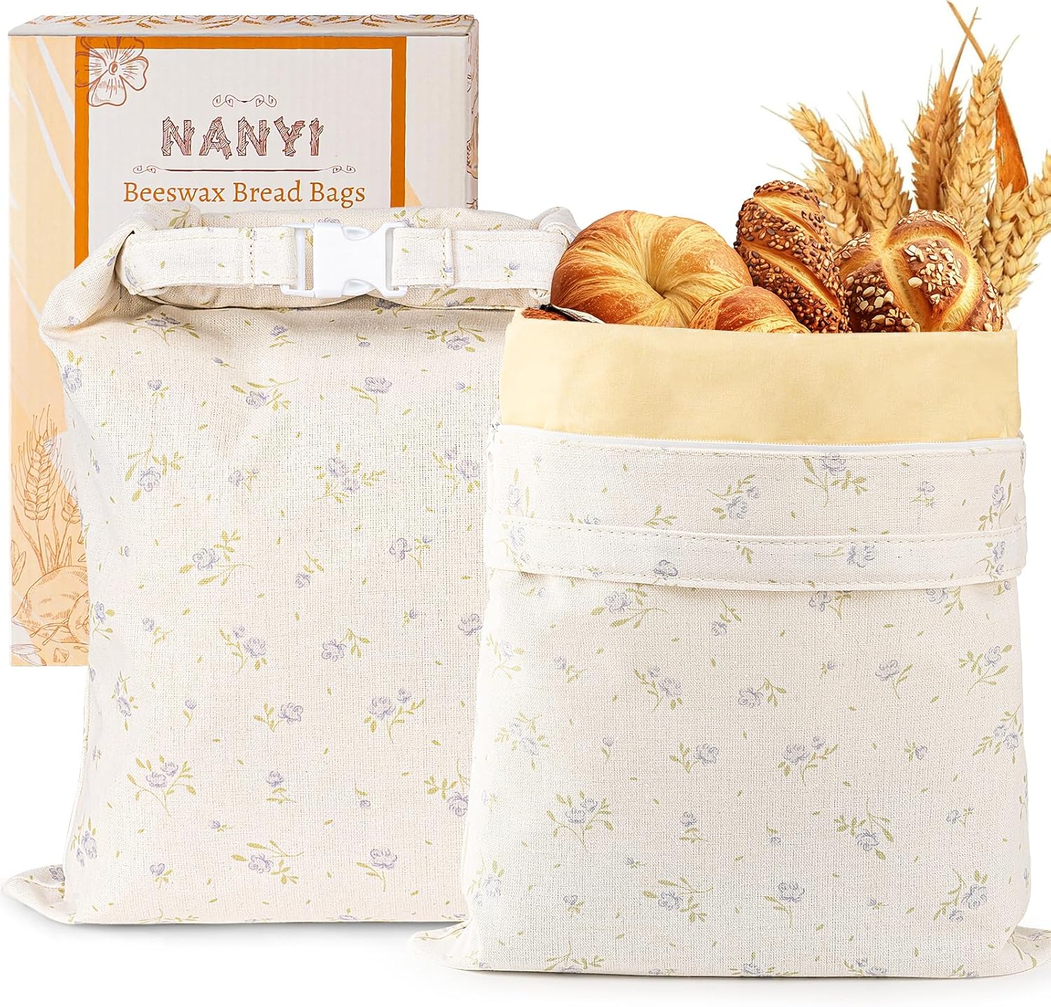 2-Pack Reusable Beeswax Bread Bags for Sourdough & Homemade Bread，Cotton Waxed Bags Keeps Fresh Longer(Azure Petals)