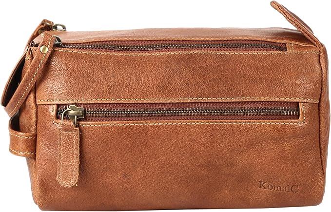 KomalC Premium Buffalo Leather Unisex Toiletry Bag Travel Dopp Kit