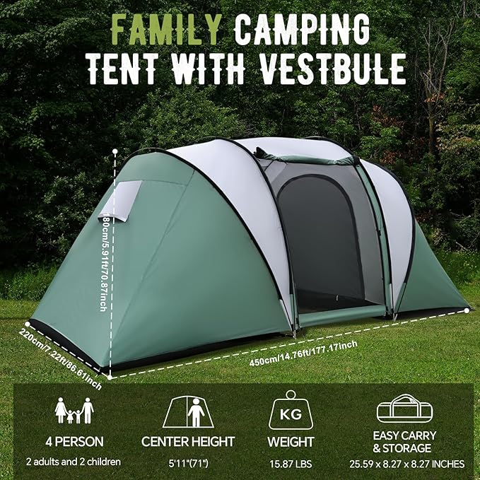 2 Room Family Camping Tent with Porch, Weatherproof Camping Shelter with Rainfly, 2-4 Person Easy Set Up Dome Tent for Outdoor, Picnic, Hiking
