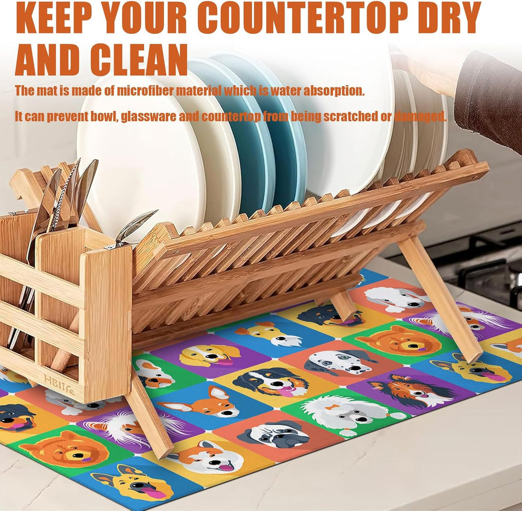 Cute Dogs Dish Drying Mat for Kitchen Counter Microfiber Absorbent Dish Kitchen Drying Mat Draining Reusable Washable for Dishes/Utensils/Counterto