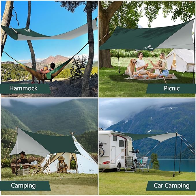 Camping Tarp with Poles & Retainer,15x12.5FT Large Waterproof 210D Oxford Cloth Camping Canopy, Anti-UV UPF100+ Tent Tarp Car Awning for Outdoor, Picnic, Hammock, Car, Backpacking(Green)