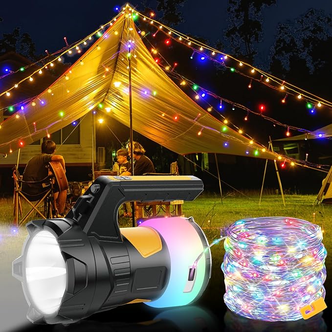 Waterproof 49ft LED Decorative String Light with Storage Box & 5H Runtime, Super Bright Flashlight (20H Spotlight) for Outdoor Patio, Camping, Garden Party Decoration