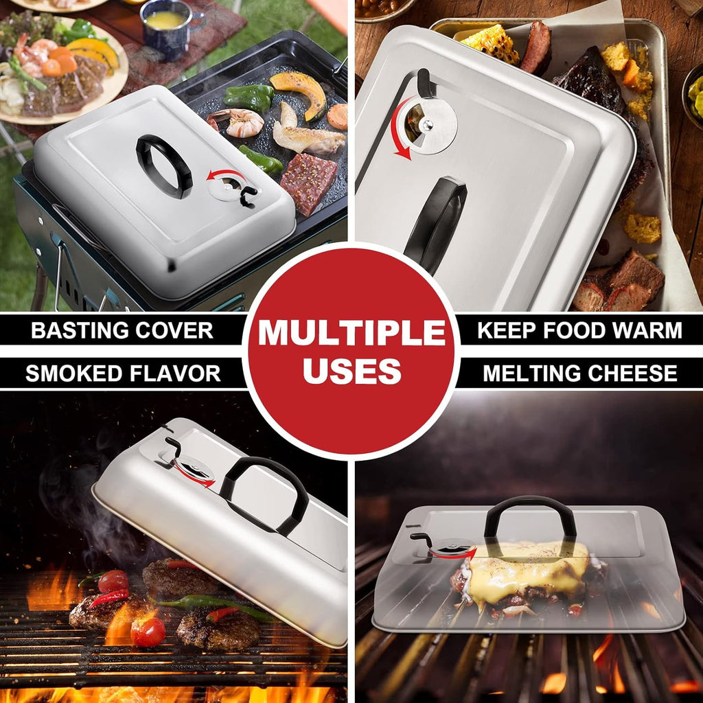 13x 9.75Inch Cheese Melting Domes, HaSteeL Rectangular Basting Steam Cover for Flat Top Griddle Cooking Outdoor & Indoor, Heavy Duty Stainless Steel Grill Lid with Adjustable Vent, Easy to Clean