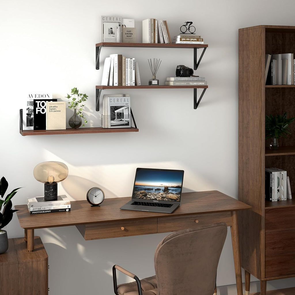 Heimlove Floating Shelves for Wall, 24 Inch Long Wood Floating Shelves Set of 3, Wall Mounted Hanging Shelf for Bathroom Bedroom Kitchen, Walnut