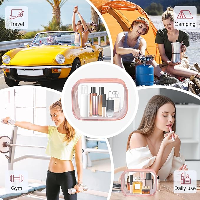 Moyad TSA Approved Clear Toiletry Bag, 2 Pack Quart Size 3-1-1 Liquids Pouch for Travel, Transparent Makeup & Cosmetic Organizer for Women Men, Peach Pink