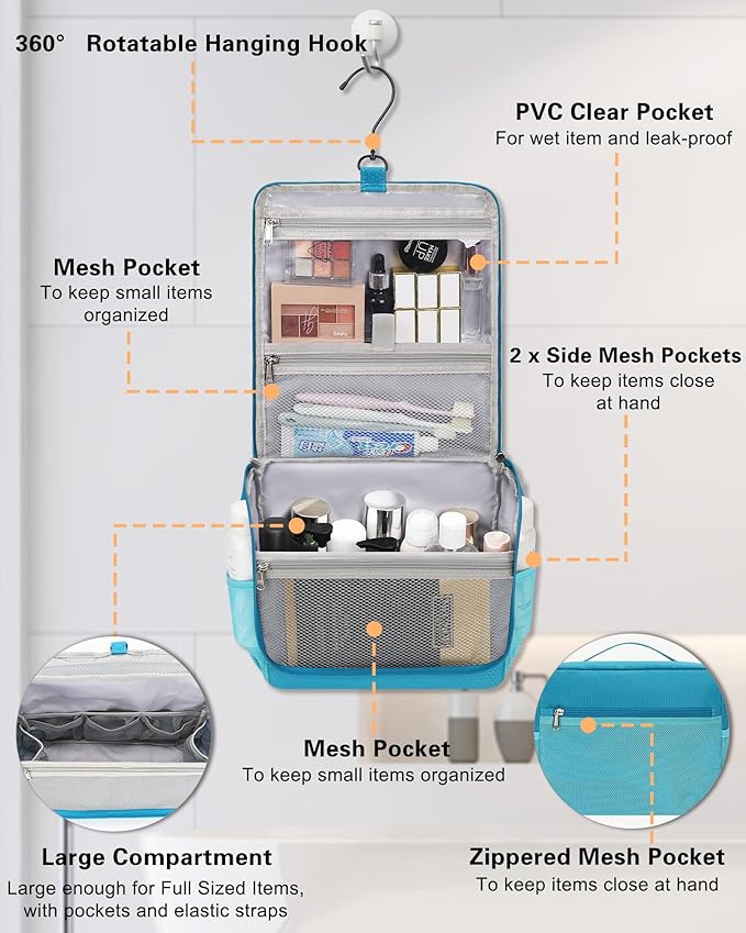 Relavel Toiletry Bag for Men, Hanging Travel Makeup Bag for Women, Waterproof Large Cosmetic Organizer Multiple Compartments for Accessories, Full Sized Toiletries, Dopp Kit Shaving Bag (Blue, Medium)