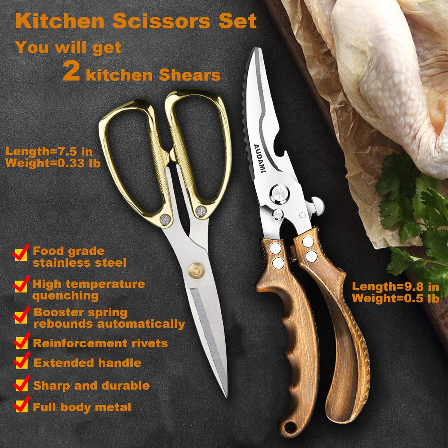 Premium Kitchen Shears 2-Pack Heavy Duty Poultry & Meat Scissors, Bone Shears for Cooking