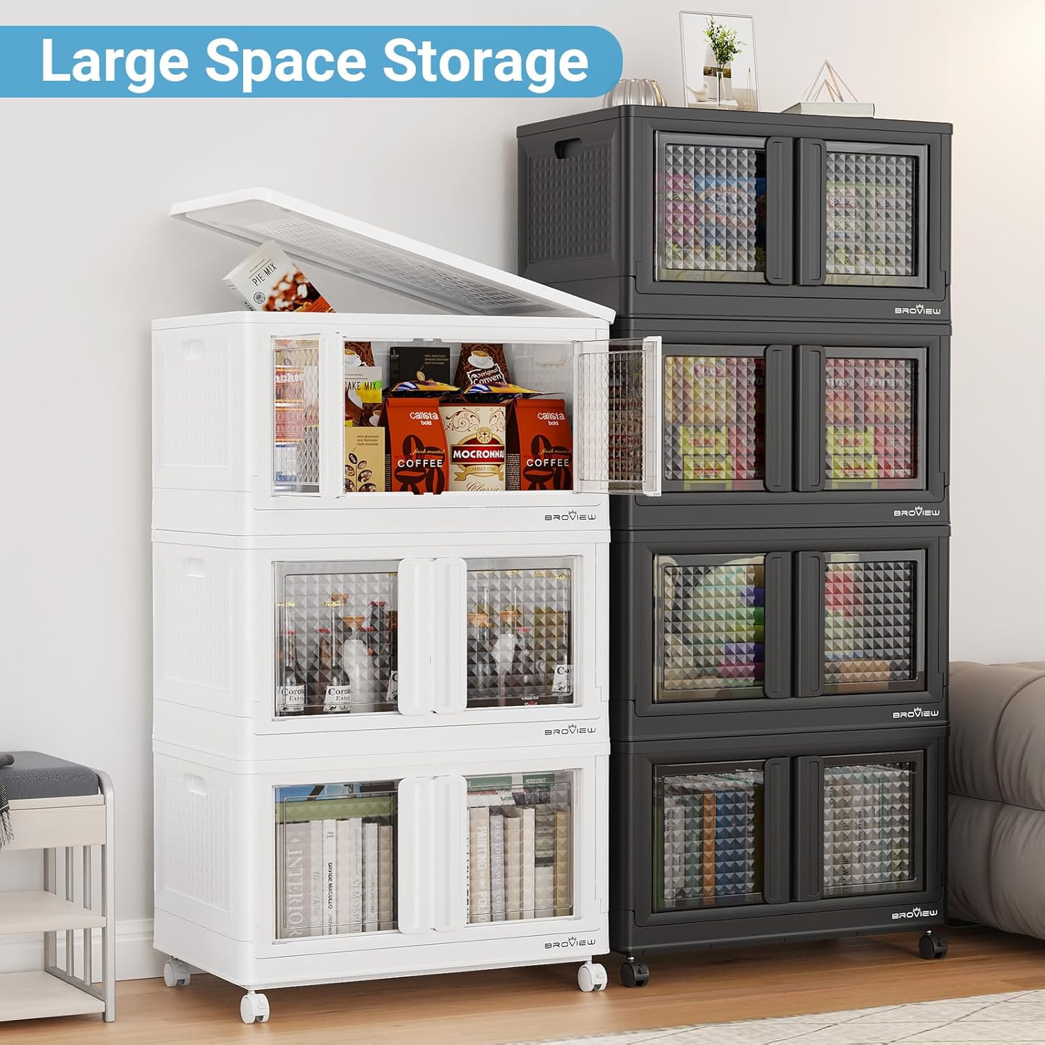 300Qt Stackable Storage Bins with Lids, 75Gal Closet Organizers and Storage Drawer, Plastic Collapsible Storage Bins with Doors, Heavy Duty Store Box Cabinet for Home Office, 3Pack White