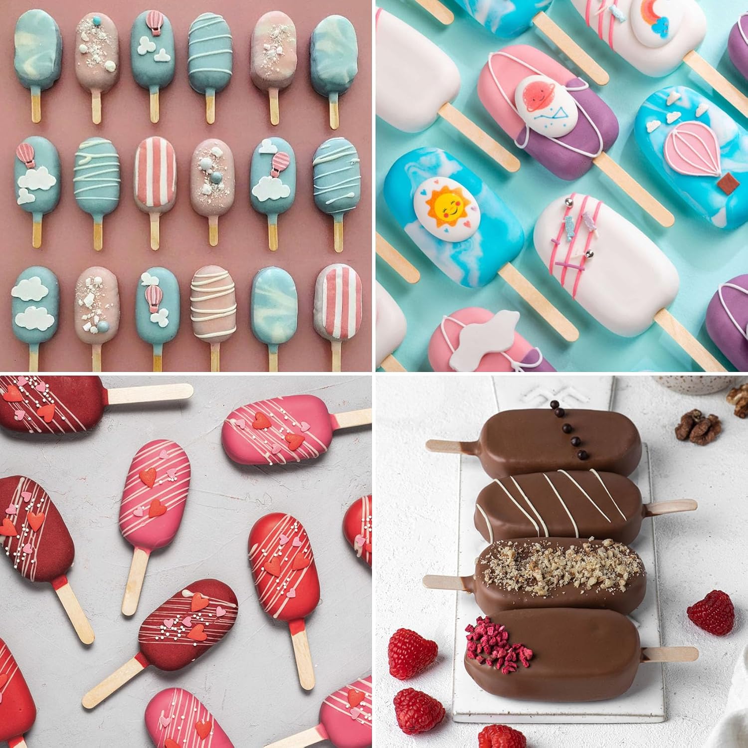 Ouddy Life Popsicle Molds Set of 2, Ice Pop Molds Silicone 4 Cavities Ice Cream Mold Oval Cake Pop Mold with 50 Wooden Sticks for DIY Popsicle (Pink)