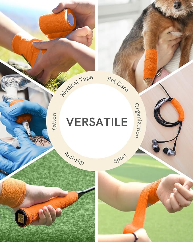 FriCARE Self Adhesive Bandage Wrap, Medical Tape in First Aid Kit, Cohesive Bandages for Wounds Sport Vet, FSA/HSA Eligible, 2 Inches X 5 Yards 6 Rolls, Orange