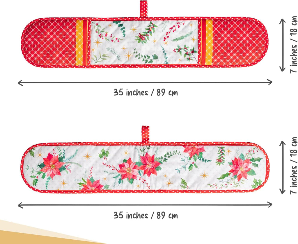 Maison d' Hermine Double Oven Mitts 100% Cotton 7"x35" Double Oven Mitt Heat Resistant BBQ Cooking Gloves with Loop, Baking, Grilling, Home, Kitchen, Handling Hot Pans (Poinsettia Christmas)