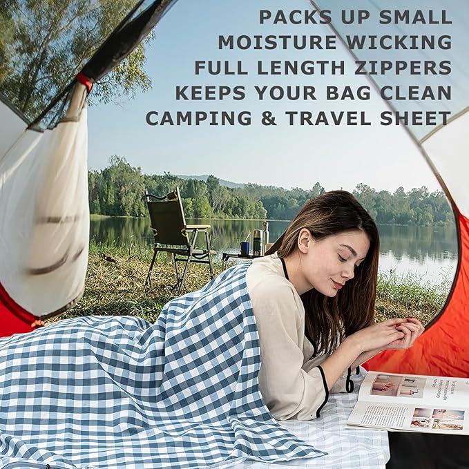 100% Cotton Sleeping Bag Liner with Full Length Zipper on 3 Sides; Single/Double Adult Sleep Sack for Travel & Camping, Multifunctional Travel Sheets (Unzipped 87”x87”) for Hotel, Lightweight