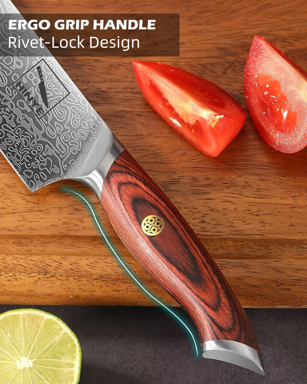 8" German Damascus Chef Knife with Redwood Ergonomic Handle, Textured Anti-Stick Blade, Rustproof Kitchen Knife for Effortless Chopping, Premium Gift Box