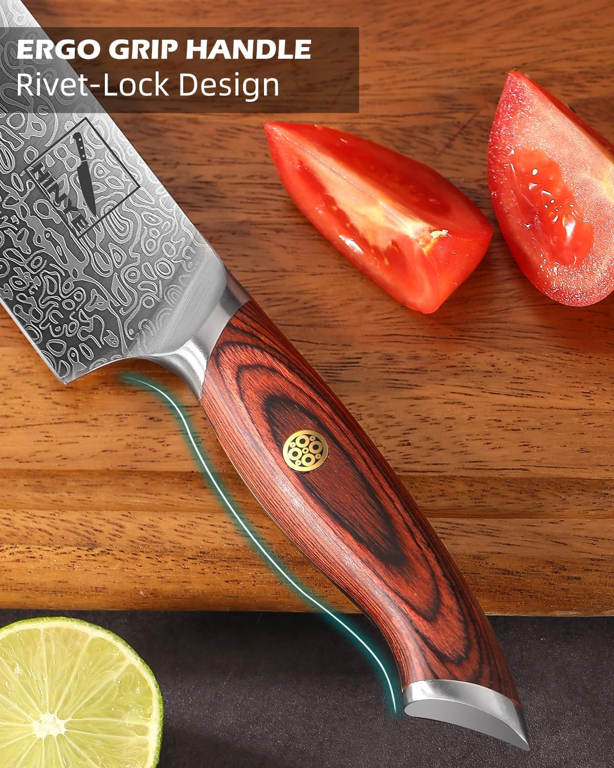 8" German Damascus Chef Knife with Redwood Ergonomic Handle, Textured Anti-Stick Blade, Rustproof Kitchen Knife for Effortless Chopping, Premium Gift Box