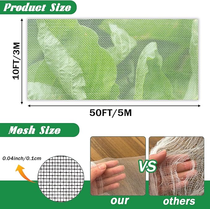 10x50FT Mosquito Netting,Garden Mesh Ultra Fine Plant Netting Barrier for Garden Protection,Mosquito Mesh Screen for Protect Vegetables Fruits from Birds Bugs