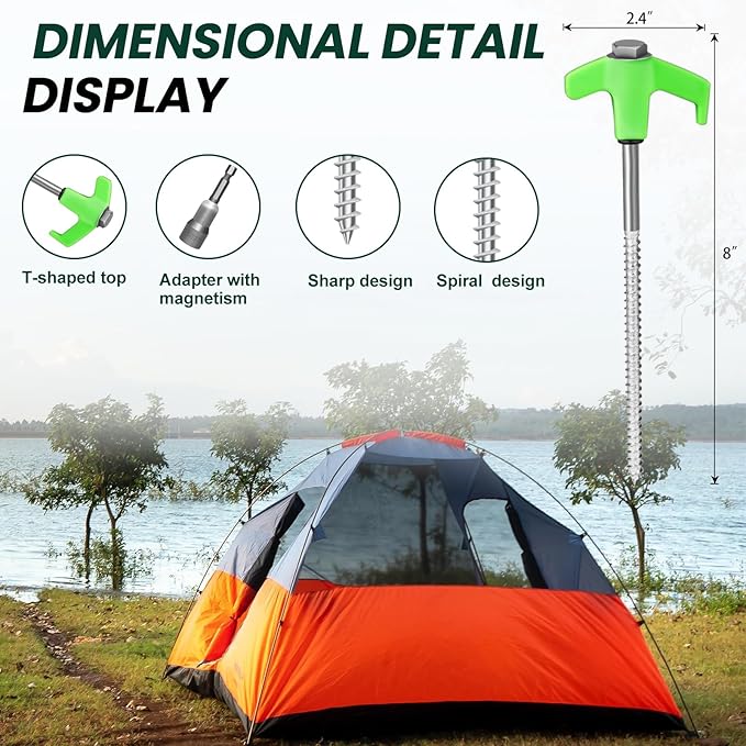 12 Pack 8" Screw in Tent Stakes Heavy Duty- Ground Anchors Screw- Tent Pegs Camping Stakes- Hex Pegs Drillable Tent Stakes and Hexagon Head Drive and Storage Box(Green)