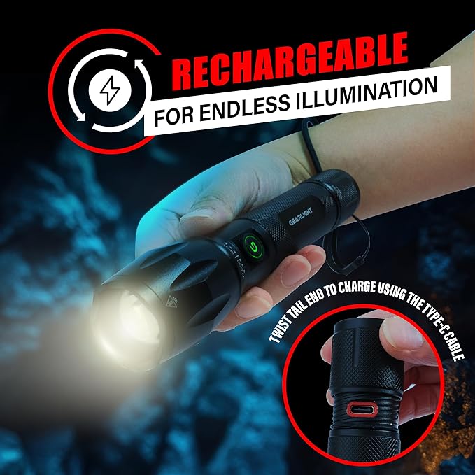 GearLight S1000 Rechargeable LED Tactical Flashlight – 2 Pack, High Lumens, USB-C Fast Charging, Dual-Button, IPX4 Water-Resistant, Pocket-Sized for Camping & Emergencies, with Batteries & Accessories