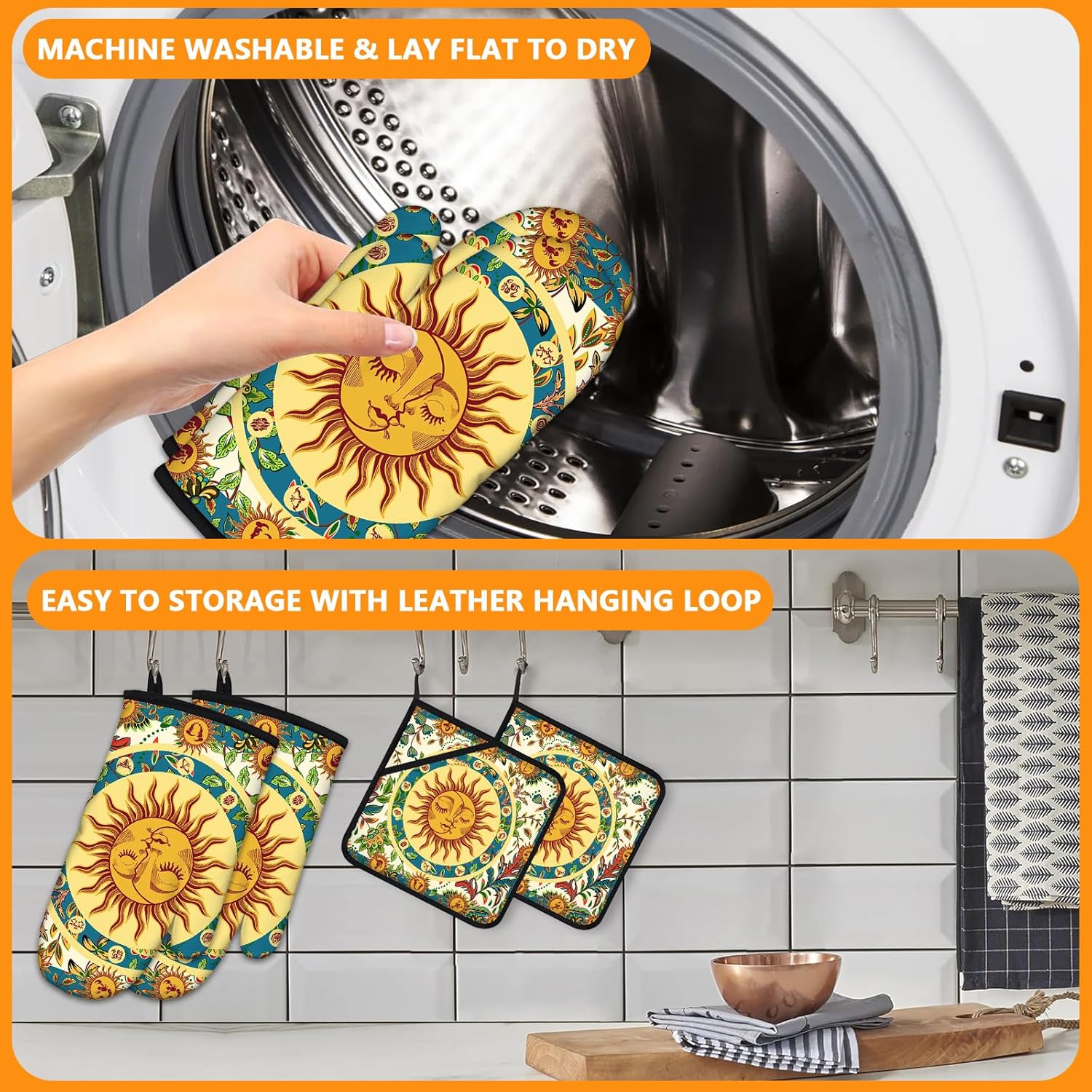Sun and Moon Oven Mitts and Pot Holders Sets 4Pcs,Extra Long Oven Gloves Potholder for Kitchen Cooking Baking BBQ 100% Cotton Heat Resistant