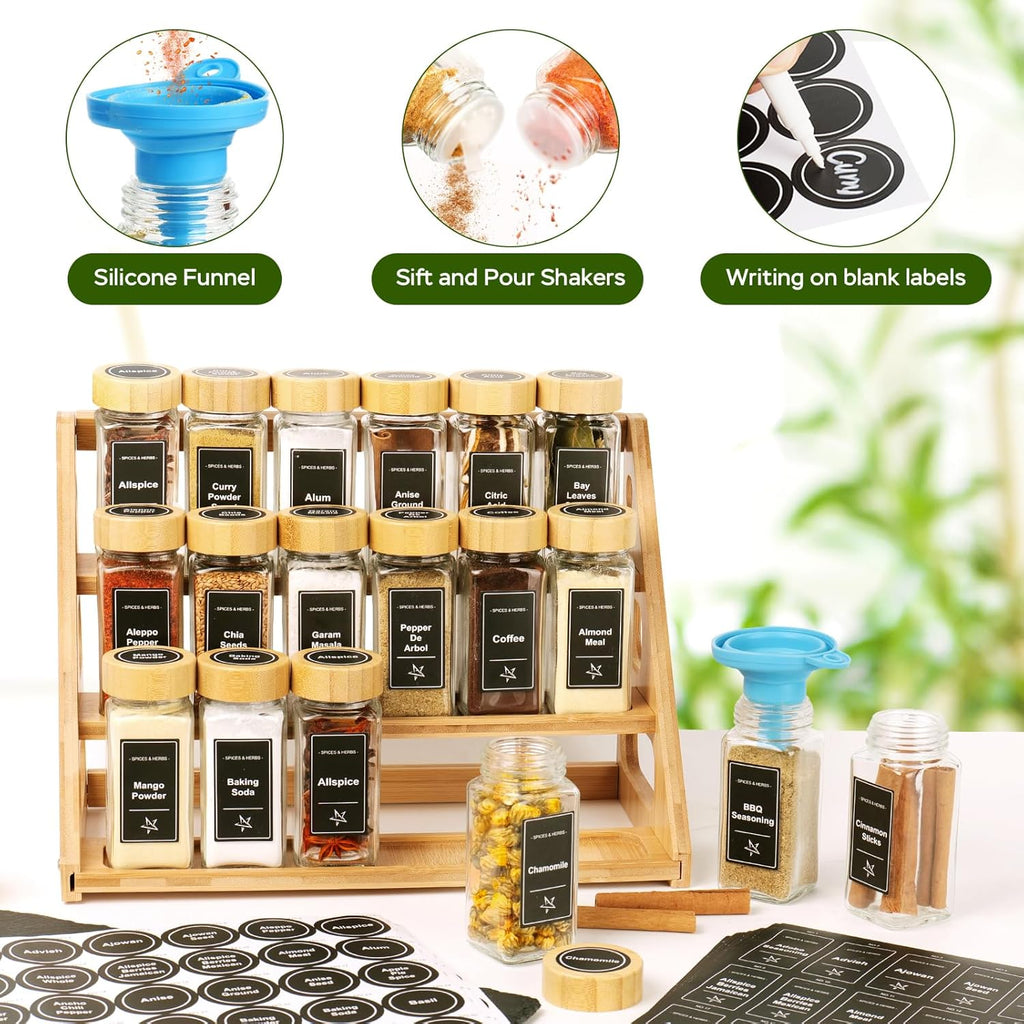 3 Tier Bamboo Spice Rack Organizer with 18 Spice Jars, 780 Labels, Wood Shelf, Chalk Marker and Funnel Set for Cabinet Kitchen Countertop, Empty 4 oz Glass Jars