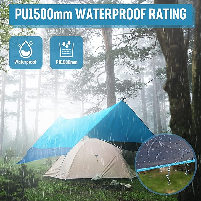 VILLEY Camping Tarps for Tents, Portable Waterproof Hammock Rain Fly, Easy Set Up Camping Shelter Sunshade Canopy for Outdoor Fishing, Backpacking, Hiking, Survival Gear- Heptagonal, Blue