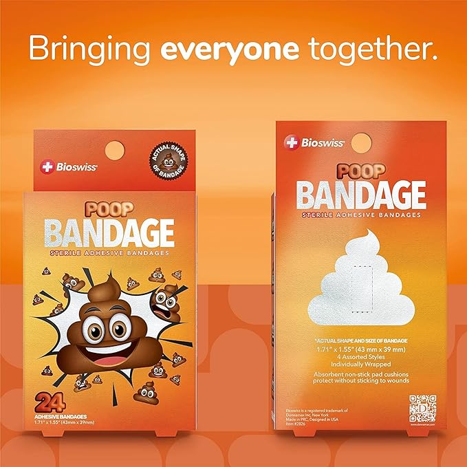 BioSwiss Bandages, Poop Shaped Self Adhesive Bandage, Latex Free Sterile Wound Care, Fun First Aid Kit Supplies for Kids, 24 Count