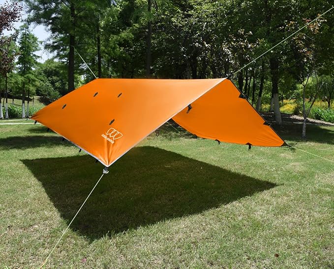 Gold Armour Rainfly Tarp Hammock, Premium 14.7ft/12ft/10ft/8ft Rain Fly Cover, Waterproof Ultralight Camping Shelter Canopy, Survival Equipment Gear Camping Tent Accessories (Orange 12ft x 10ft)