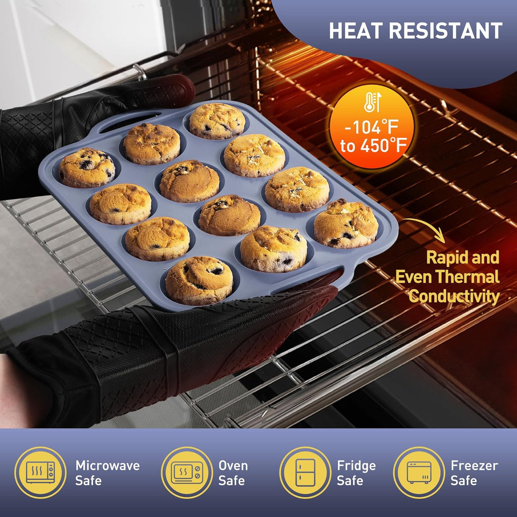2 Packs 12 Cups Silicone Muffin Pan with Metal Reinforced Frame Regular Size Cupcake Pan Tray Egg Bites Silicone Circle Cookie Molds Muffin Tin Tart Pans Baking Sheet Set for Breakfast Sandwiches
