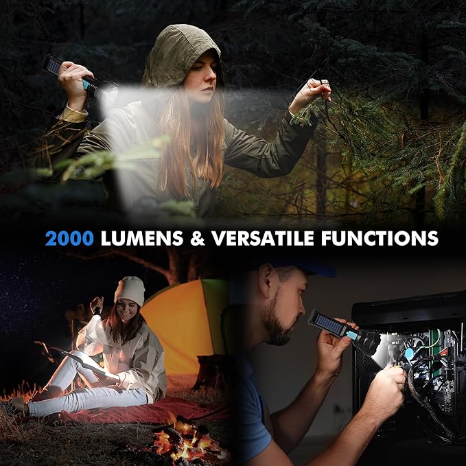 Solar/Rechargeable LED Flashlights, Multi Function Flashlight with 2000 mAh Battery, Emergency Strobe Light, Waterproof, Fast USB Charging, Survival Gear and Supplies for Emergencies Camping