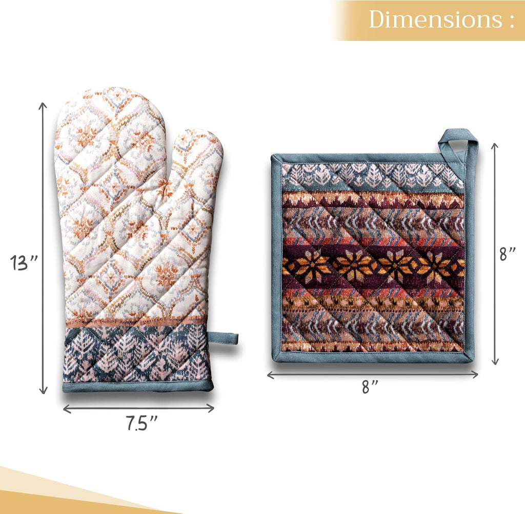 Maison d' Hermine 100% Cotton Oven Mitt & Pot Holder Set (7.5"x13" & 8"x8") Heat Resistant BBQ Cooking Gloves with Loop, Baking, Grilling, Kitchen, Handling Hot Pans (Fair Isle)