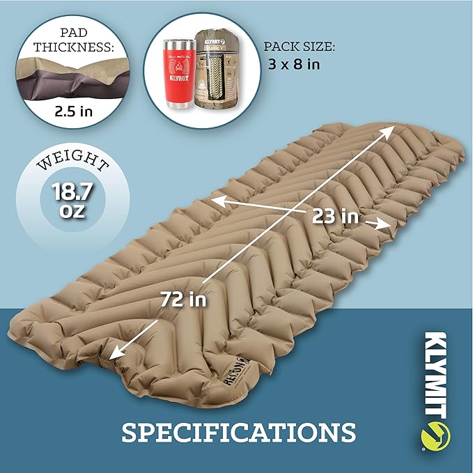 Klymit Static V Inflatable Sleeping Pad for Camping, Lightweight Hiking and Backpacking Air Bed, 3 Inch Thick, Coyote Sand
