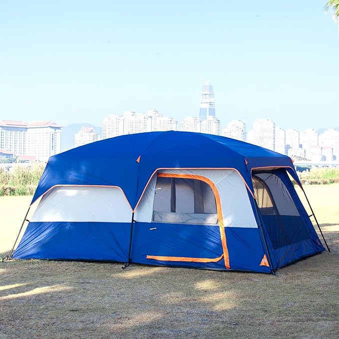 KTT Extra Large Tent 10-12-14 Person(B),Family Cabin Tents,2 Rooms,3 Doors and 3 Windows with Mesh,Straight Wall,Waterproof,Double Layer,Big Tent for Outdoor,Picnic,Camping,Family Gathering