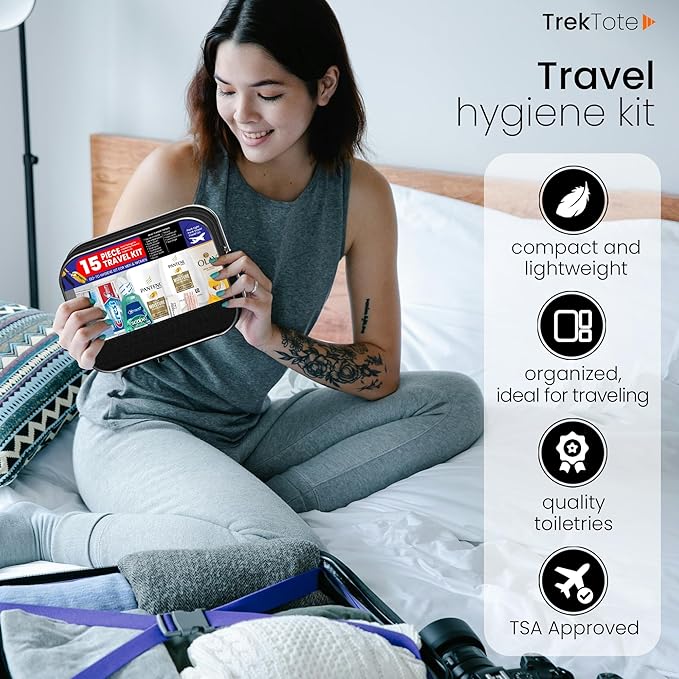 Trektote Travel Toiletry Kit For Women – 15 Piece Set of Travel Size Toiletries, TSA Compliant, Includes Pantene Shampoo And Conditioner, Olay Body Wash, Reusable Toiletry Bag & More