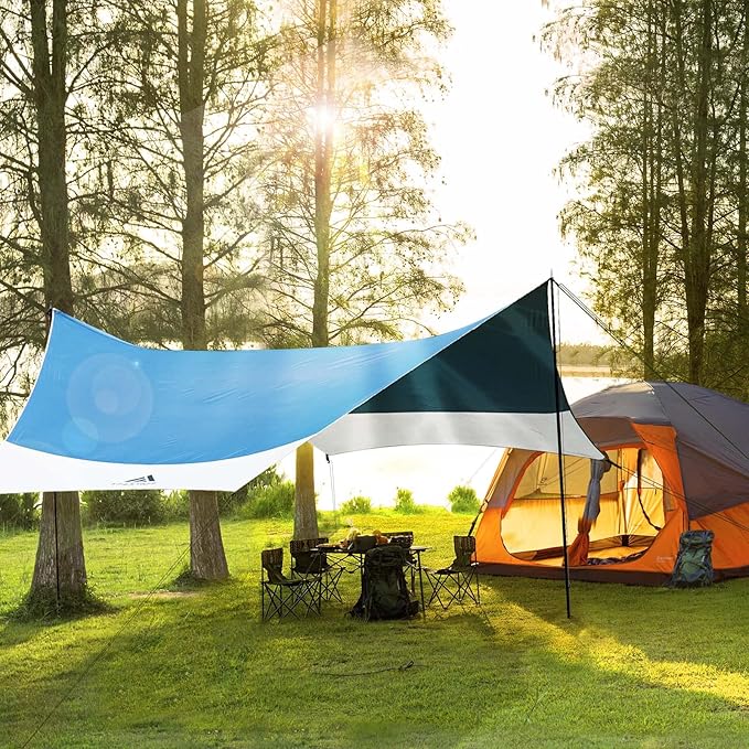 Forceatt 12x14FT Tarp with 2 Poles, Waterproof Anti-UV Camping Tarp Car Awning (UPF50+), Lightweight Sun Shelter for Car, Tent and Hammock in Hiking, Backpacking, Garden and Traveling