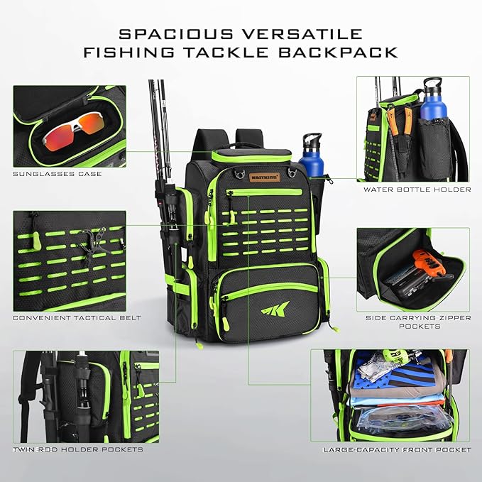 KastKing Bait Boss Fishing Tackle Backpack with Rod Holders-4 Tackle Boxes-Rain Cover,43L Large Storage for Fishing Gear