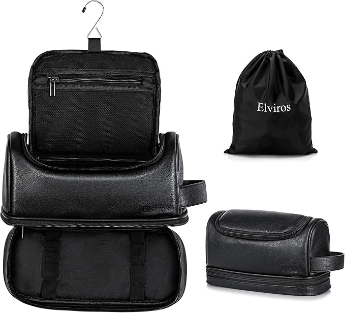 Elviros Toiletry Bag for Mens PU Leather Travel Organizer Kit with Hanging hook, Large Water-resistant Toiletries Bathroom Shaving Bags (Black)