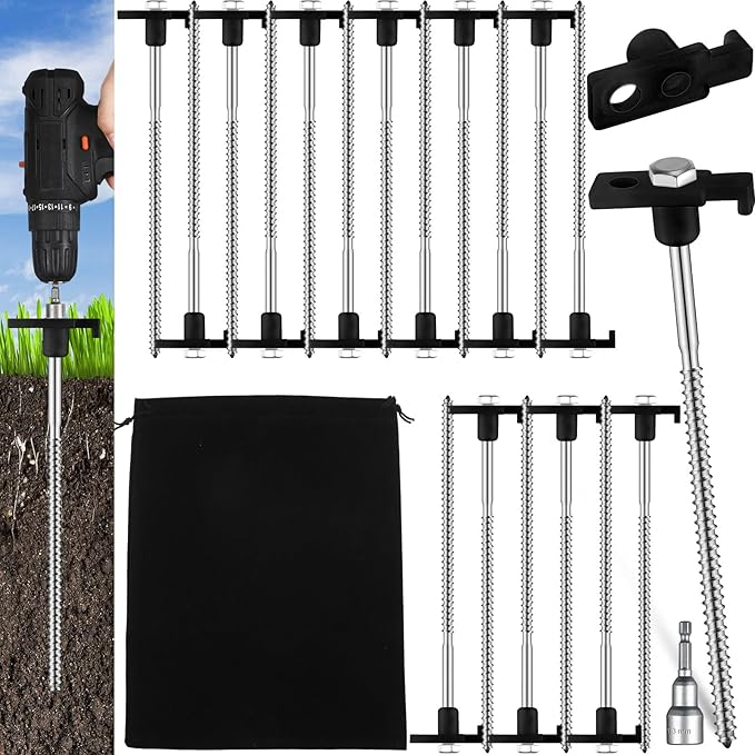 Tandefio 20 Pcs 8 Inch Screw in Tent Stakes Heavy Duty Drill in Ground Anchor Pegs Metal Stakes Screws Hex Pegs Drillable Camping Threaded Tent Spike with Hex Head Driver (Black)
