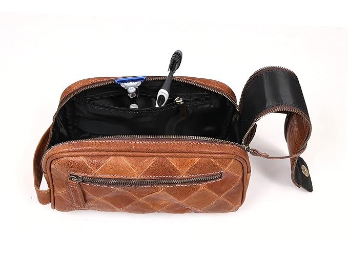 10" Premium Leather Toiletry Travel Pouch With Waterproof Lining | King-Size Handcrafted Vintage Dopp - Kit ~ Gift for Father's Day By Aaron Leather Goods (CM Tan)