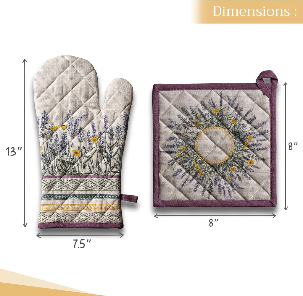 Maison d' Hermine 100% Cotton Oven Mitt & Pot Holder Set (7.5"x13" & 8"x8") Heat Resistant BBQ Cooking Gloves with Loop, Baking, Grilling, Kitchen, Handling Hot Pans Spring/Summer (Fanny Lavender)